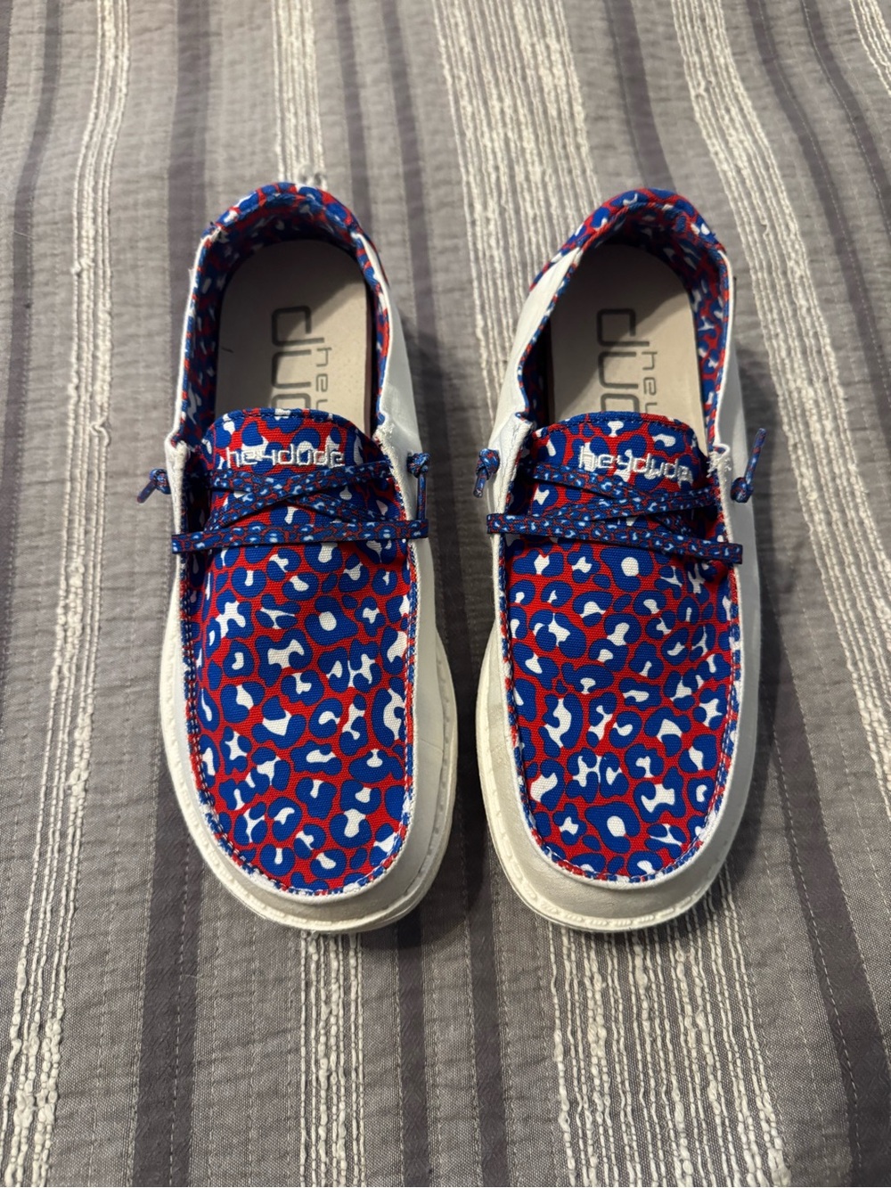Hey Dude Blue Red Leopard Print Canvas Slip-Ons